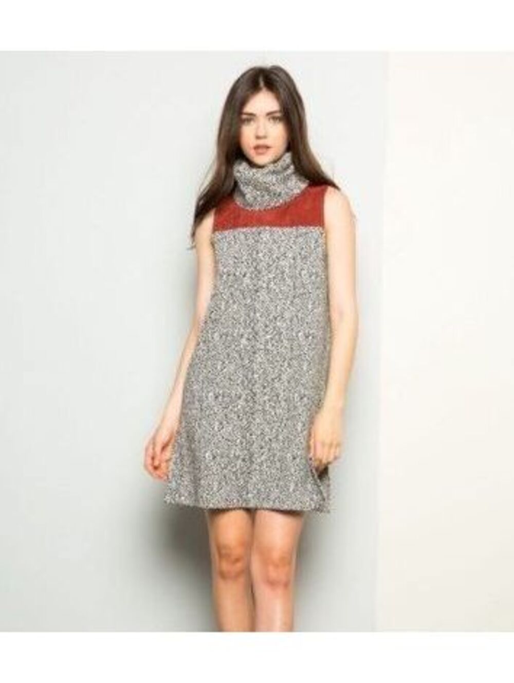 THML Women's Textured Knit Cowl Neck Dress Suede Yoke Panel Shift Dress Sz L